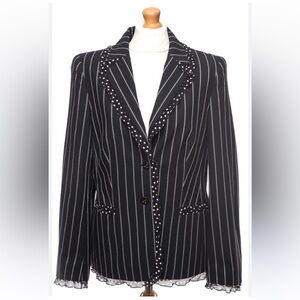 ESCADA Womens Blazer Jacket Virgin Wool Silk Black White Pinstripes Polka Dot